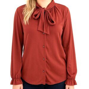 Vintage 60s 70s Red Blouse Bow Secretary Academia Retro Button Up Maroon Sz 14